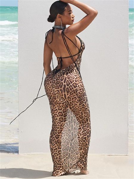 Vestidos Casuais WJFZQM Sexy See Through Mesh Feminino Vestido Maxi Sem Costas Lace Up Bodycons Feminino Roupas de Praia Moda Festa com Estampa de Leopardo