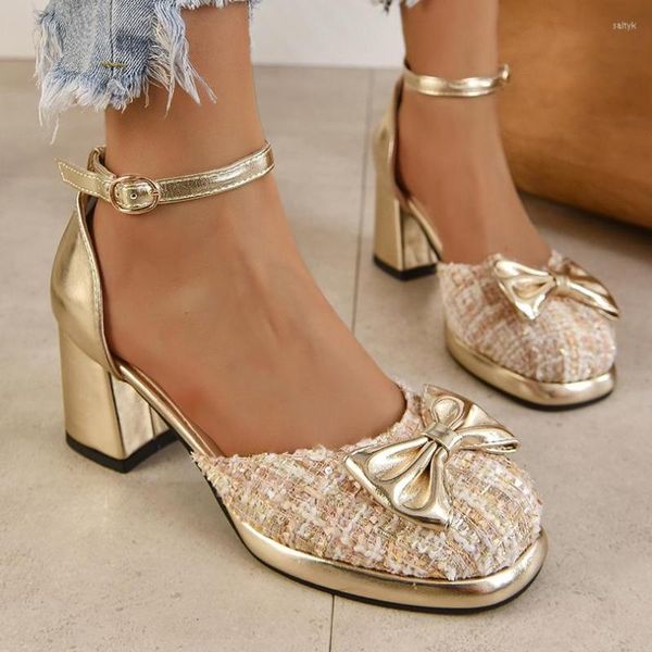 Kleidschuhe Plus Size Geometrisch gestreift Tweed Stoff Patchwork mit Mikrofaser Süße Mary Jane Schleife Knoten Dicker Absatz Hollow Out Sandalen