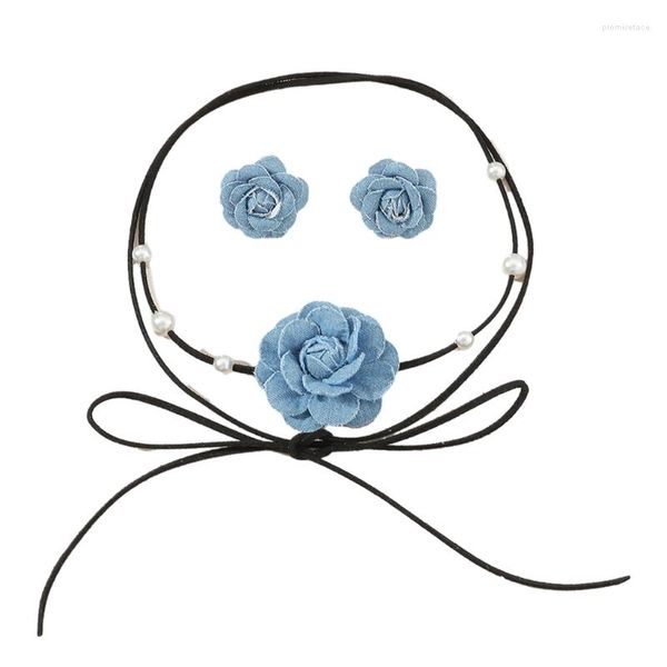Halsband, Schnür-Seil-Kette, Halskette, blauer Stoff, Blumen-Ohrringe, Set für Damen, Modeschmuck, Geschenk