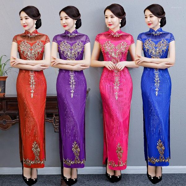 Ethnische Kleidung Traditionelle Braut Hochzeit Cheongsam Kleid Plus Größe 5XL Spitze Pailletten Qipao Vintage Chinesische Bankett Abendkleid Vestidos