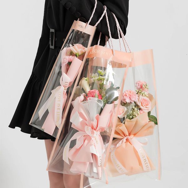 Confezione regalo 10 pezzi Borsa da imballaggio per bouquet di fiori rosa trasparente Confezione da fiorista in PVC Cestino da imballaggio per regali di compleanno per matrimoni fai da te 230614