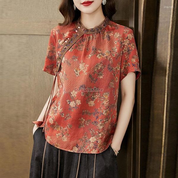 Abbigliamento etnico 2023 Retro Casual Cheongsam stile cinese Top Donna Estate Colletto alla coreana Manica corta Migliorata Elegante camicetta Qipao S261