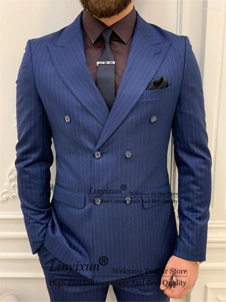 Erkekler Erkekler Kraliyet Mavi Pinstripe Erkekler İnce Fit Business Çifte Brezik Yoklu Balo Blazer Özel Yapım Ceket ve Pantolon