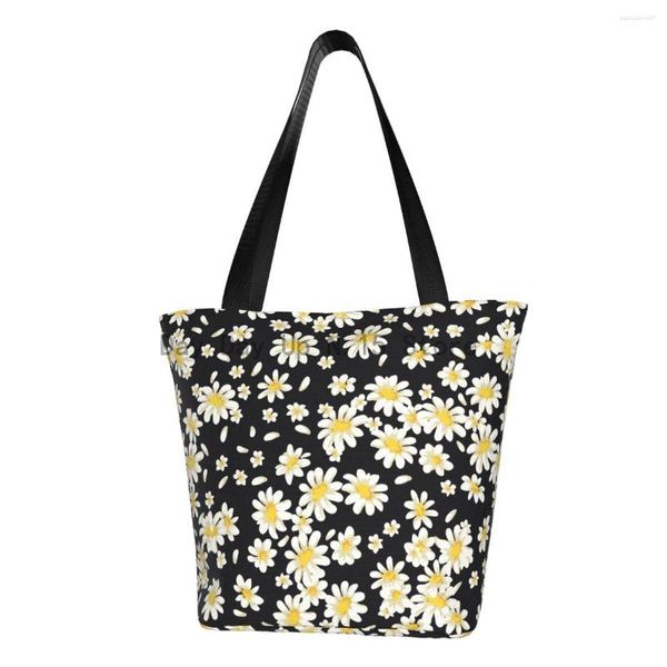 Alışveriş çantaları papatya çiçekleri bakkal çantası moda basılı tuval alışveriş omuz tote büyük kapasiteli çiçek papatya el çantası