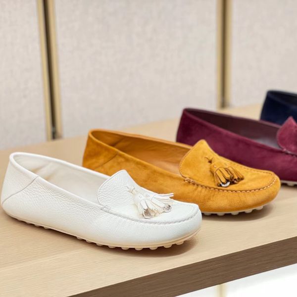 Doudou Kleidschuhe, neuester Stil, Quasten, Knöpfe, Damen-Loafer, hochwertiges Schaffell, Straußenleder, flacher Absatz, weiche Sohle, Designer-Damen-Komfort, lässiger Loafer, Schuhgröße 35–41