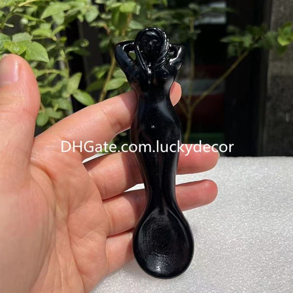 Esculpida à mão obsidiana negra sereia colher presentes adorável vidro vulcânico natural cristal de quartzo pedra fada do mar bruxa mágica colher cura chakra utensílios de cozinha decoração