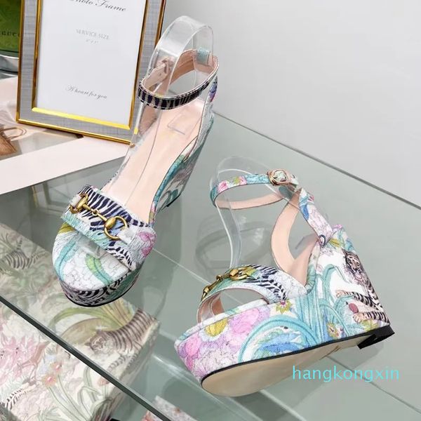 Sandálias de cunha de designer de moda saltos sensuais de camurça sandálias femininas plataforma sapatos de salto alto com flores listras verde tigre vestido de casamento sapatos com caixa