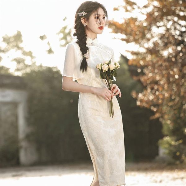 Ethnische Kleidung, verbesserte fliegende Ärmel, Chiffon-Cheongsam, junge Mädchen, traditioneller chinesischer Stil, Spitze, Qipao, Abendparty-Kleid für Frauen