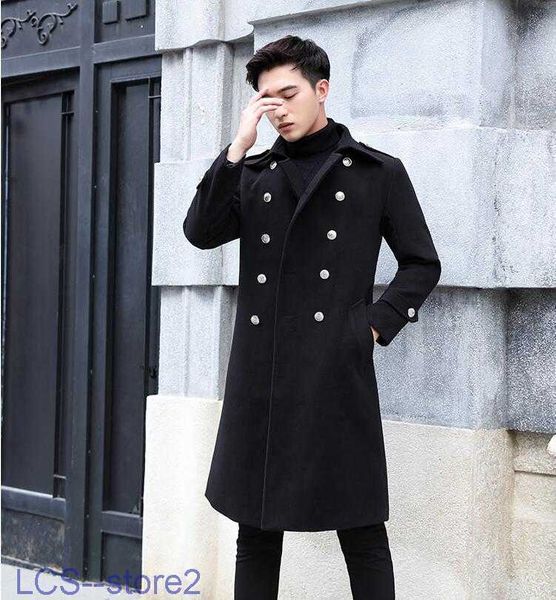 Trench da uomo Autunno Inverno Cappotto di lana Trench da uomo Doppio petto Maniche lunghe Cappotto Casual Masculino Moda Inghilterra Nero Bai147