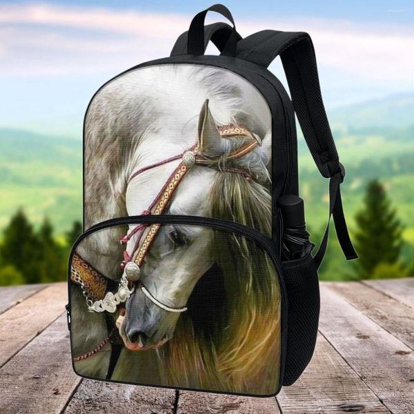 Schultaschen FORUDESIGNS 17 Zoll 3D White Horse Print Tasche für Kinder Jungen Mädchen Rucksack Kinder Buch Spaß Tier Laptop