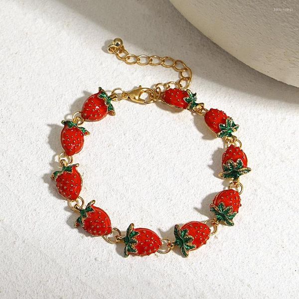 Pulseira AENSOA Lovely Sweet Esmalte Red Strawberry Charm Bracelet Bangles Painting Fruits Bracelets For Women Ajustável Party Jewelry