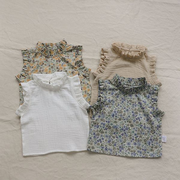 Camicie per bambini cervi jonmi Summer Toddlers Bambini Camicie senza maniche con stampa floreale Camicie con increspature Top Baby Bambini Camicette stile coreano 230613