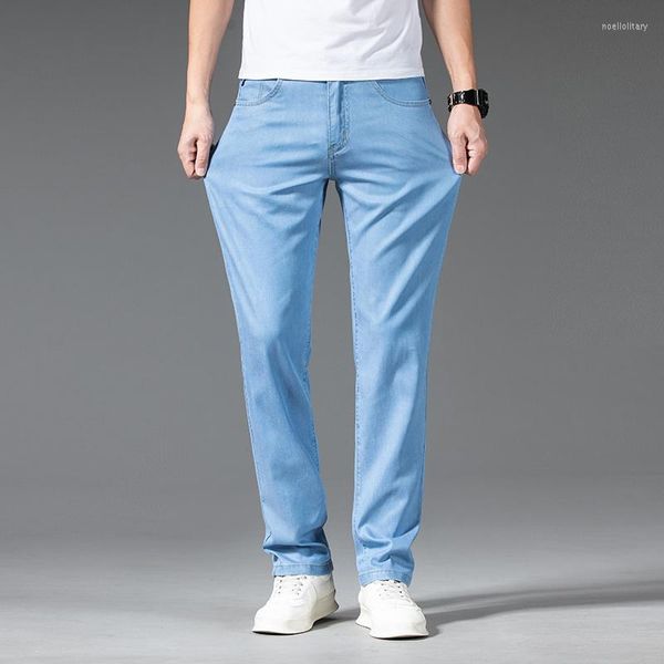 Männer Jeans 2023 Sommer Eis Seide Stoff Männer Gerade Dünne Business Casual Klassische Sky Blue Stretch Hosen Männliche Marke hosen