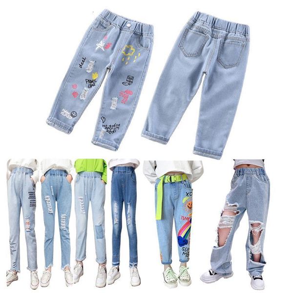 Jeans Kids Girls Jeans Floral Cartoon Long Pants Longo Pintura de outono da primavera Imprimir jeans casuais calças curtas com pintura de buracos 230614