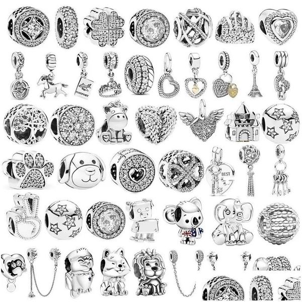 Prata novo genuíno 925 prata esterlina pluma corrente de segurança de leão coroa asas pingente contas para pandora charme pulseira diy original judeu dhjio