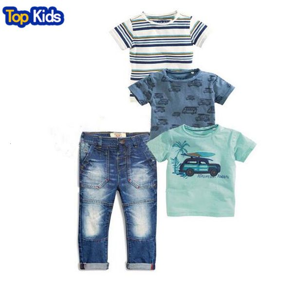 Conjuntos de roupas de verão conjuntos infantis roupas de bebê meninos conjunto de 4 peças terno listrado camisetas camiseta azul carro camiseta jeans jeans conjunto infantil 230614