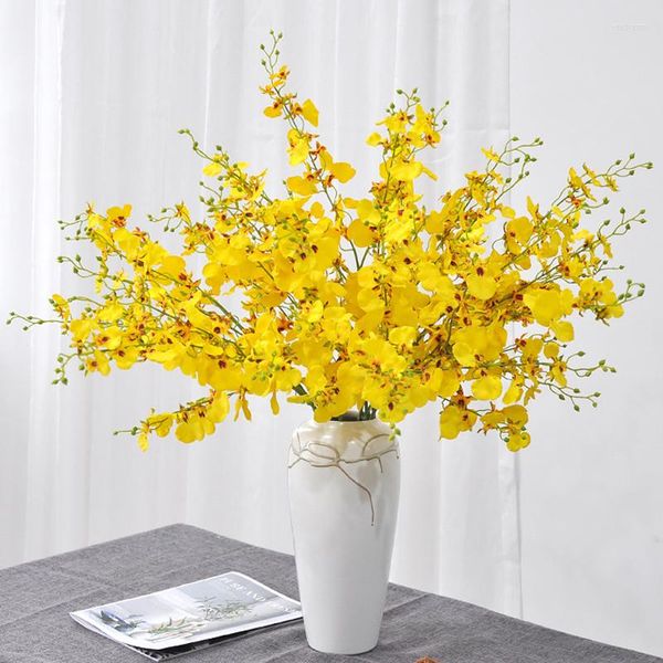 Flores decorativas 5 Ramos Orquídea Dançante Ramo Longo Seda Artificial Casa Sala de Estar Decoração de Casamento Simulação Planta Flores Amarelas