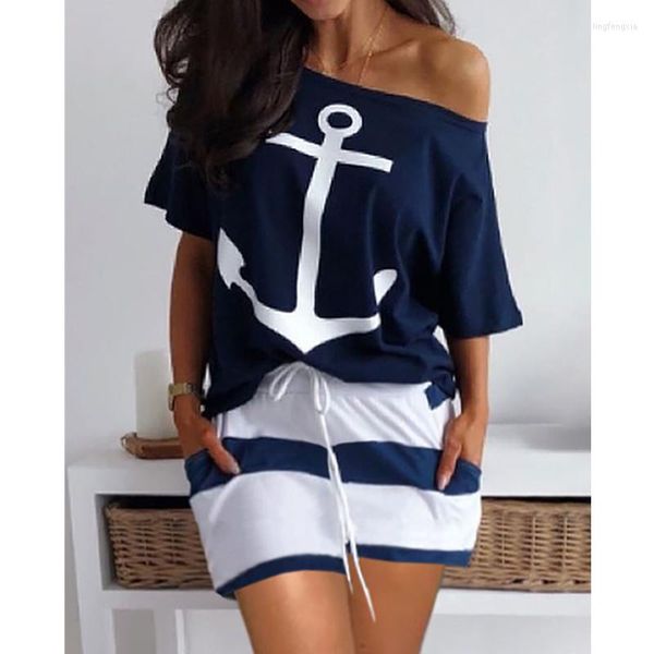 Agasalhos femininos Agasalho feminino moda elegante barco com estampa de âncora fora do ombro camisa listrada shorts com cordão Conjuntos de duas peças