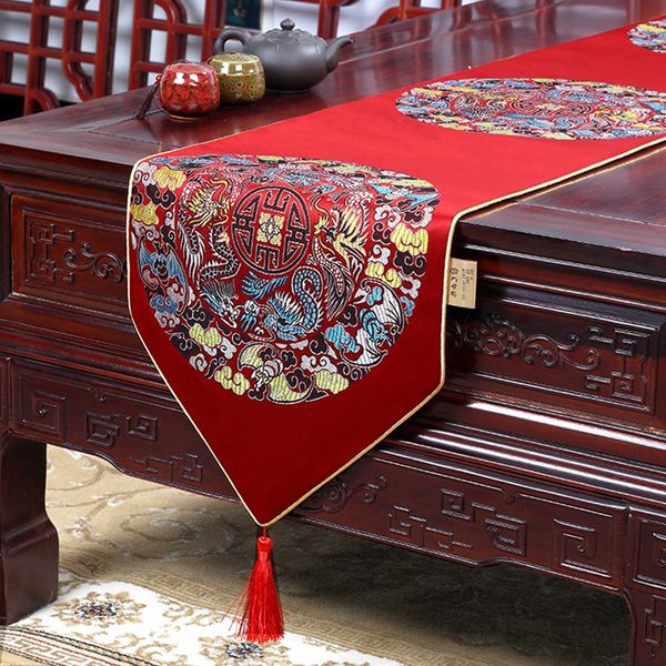 Caminho de Mesa Proud Rose Estilo Chinês Cetins Corredores Clássico Vermelho Bordado Bandeira Decoração para Festa de Casamento com Borlas 230613