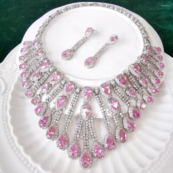 Halskette Ohrringe Set 2023 MODE Luxus Rot Rosa Lila Kristall Wasser Tropfen Zirkon Ohrring Hochzeit Braut Party Kleid Bankett Schmuck