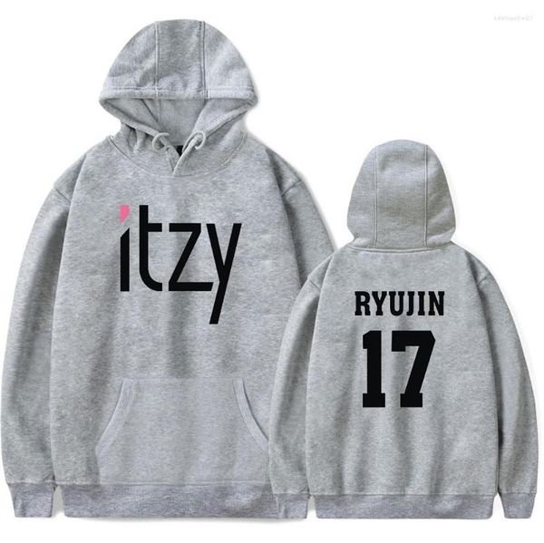 Herren Hoodies Drucken ITZY 17 RYUJIN Sweatshirts Männer Frauen Hip Hop Harajuku Mode Hoodie Grau Pullover