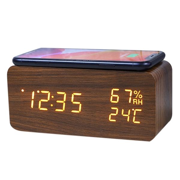 Полы цифровые будильники Деревянная температура и влажность Светодиодные электронные смартфона Беспроводное зарядное устройство 230613