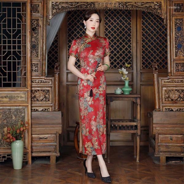 Abbigliamento etnico Abito estivo lungo in Qipao con spacco alto da donna in stile cinese estivo con stampa floreale rossa