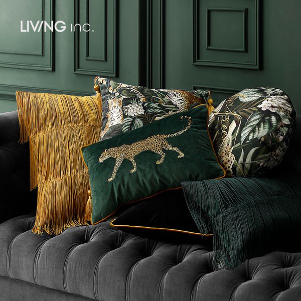 Stuhlhussen, dunkelgrün, Leoparden-Stickerei, Kissenbezug, Kissenbezug, Vintage-Samt, Tierkollektion, goldene Sofa-Bettwäsche, Coussin 230613