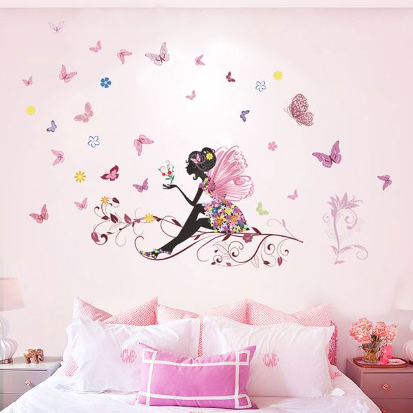 Desenhos animados borboleta flor fada 50*70 cm adesivos de parede para quartos de crianças decoração de casa diy decalques de parede arte mural pvc cartazes presentes