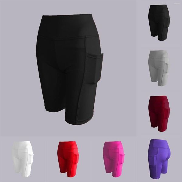 Shorts Active Cintura Alta Bicicleta Feminina Com Bolsos Treino Esportes Atléticos Calças Ioga Metálicas Brilhantes Leggings Curtas