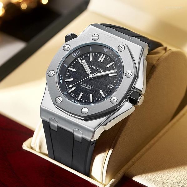 Orologi da polso KIMSDUN Fashion Leisure Orologi da uomo in acciaio inossidabile Luminoso orologio meccanico automatico Orologio da polso rotondo argento Reloj