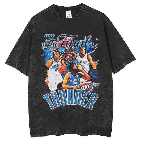 Camiseta masculina de hip-hop da moda masculina re-lavada com água feita de manga curta camiseta de retrato da equipe Thunder da moda