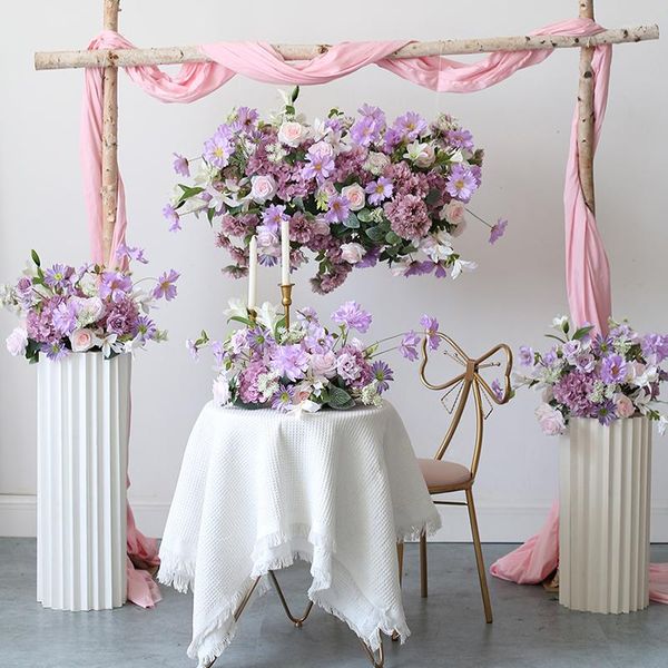 Fiori decorativi Lusso Viola Ortensia Rosa Soffitto Appendere Fiore Sfondo di nozze Evento Disposizione floreale di fila Tavolo da festa Decorazioni forali