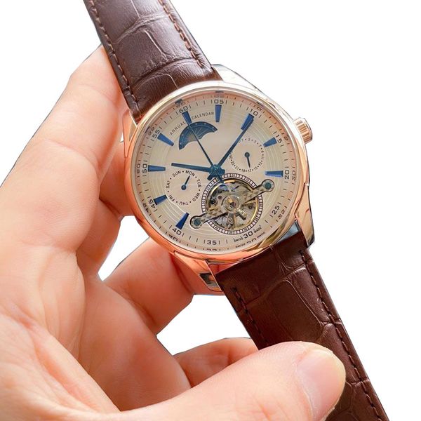 Orologi da uomo Movimento meccanico automatico Orologi da polso da uomo di lusso in pelle Volano Fasi lunari Giorno Data tutti i quadranti secondari Orologio da lavoro di marca superiore Festa del papà Regalo per uomo