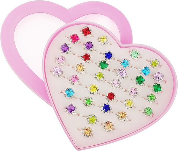 36 PCS Küçük Kız Ayarlanabilir Rhinestone Gem Oyuncak Kutu Çocuk Çocukları Takı Yüzük Seti Kalp Şekli Ekran Kılıfı Kız Taklit Oyun ve Giyin