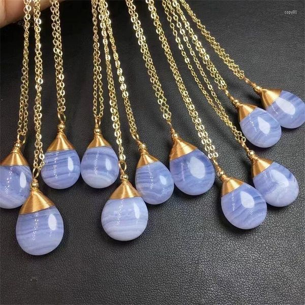 Amuletos Natural Azul Renda Ágata Fio de Cobre Pingente Lágrima Escultura em Cristal Polimento Amuleto Maduro Jóias Presente de Aniversário 1PCS