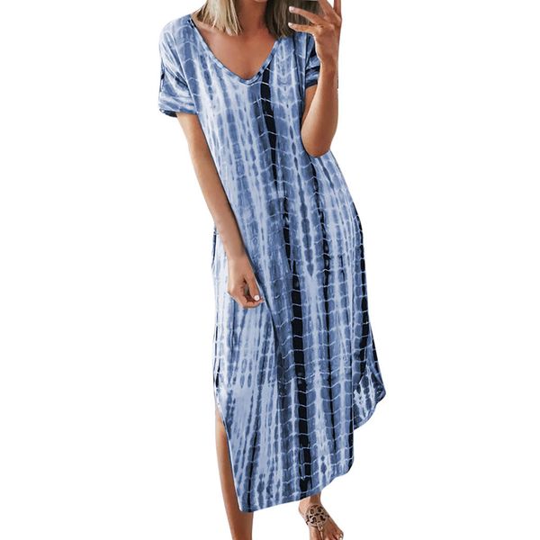 Kurzarm-Sommerkleid für Damen, Batikdruck, böhmische Kleider, lässig, lockerer Seitenschlitz, Midi-Langkleid, Übergröße