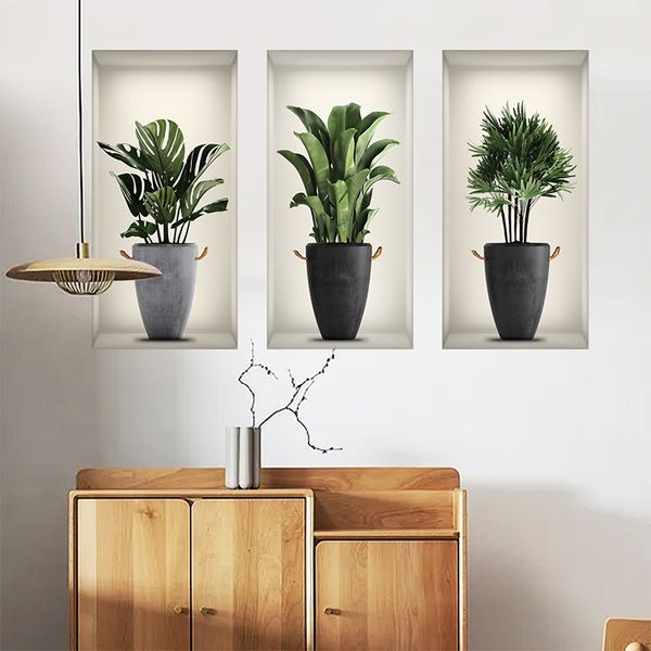 3 pçs/conjunto Plantas em vaso de vegetação criativa 3D Adesivos de parede de janela falsa Sala de estar Cartaz de parede autoadesivo Decalques de parede
