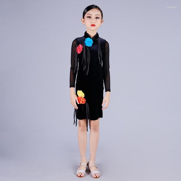 Stage Wear Kids Performance Dance Dress For Girls Black Velvet Latin Dance Child Costumes Practice XS5759