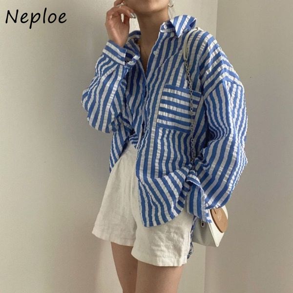 Blusas Femininas Camisas Neploe Coreano Chic Fresh Design Sense Blusa Feminina Camisa Listrada Feminina Temperamento Outono Blusa Gola de Lapela 230613