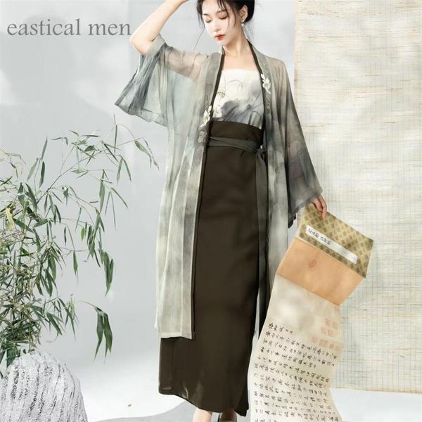 Roupas étnicas Estilo de música Hanfu Verde Melhorado Vestido Chinês Terno Feminino Elegante Qipao Solto Kimono Cardigan Sexy Bordado Roupas Florais