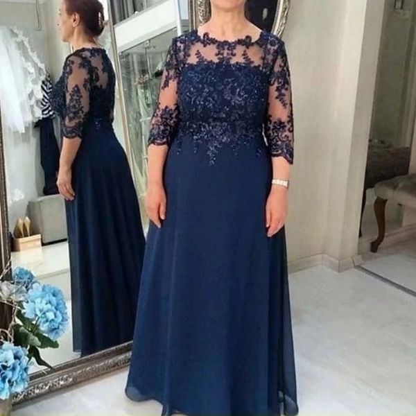 Abiti per la madre della sposa blu navy 2023 A-line maniche a 3/4 in chiffon con applicazioni in pizzo Abito da sera per lo sposo con perline per matrimonio Taglie forti