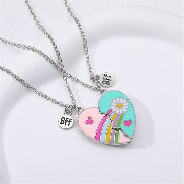 Süße Regenbogen-BFF-Buchstaben-Herz-Halskette, Designer für Kinder, südamerikanische Legierung, rosa Anhänger, Silberkette, beste Freundin-Halskette, Schmuck, Freund-Geschenk, 2 Stück/Set