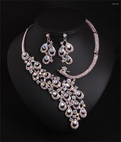 Catene Orecchini collana di pavone con pietre preziose colorate di diamanti europei e americani Set accessori per abiti da sposa per banchetti di temperamento