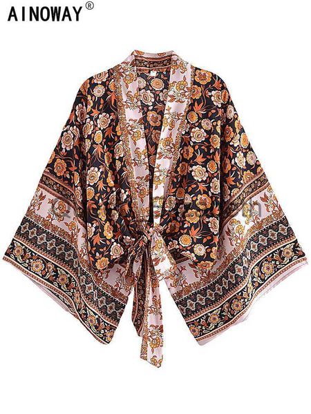 Casual Jurken Vintage Boho Kimono Korte Gewaad Badpakken Vrouwen Mode Bloemen Vleermuis Mouwen Rayon Bohemian Bikini Cover Ups Beachwear J230614