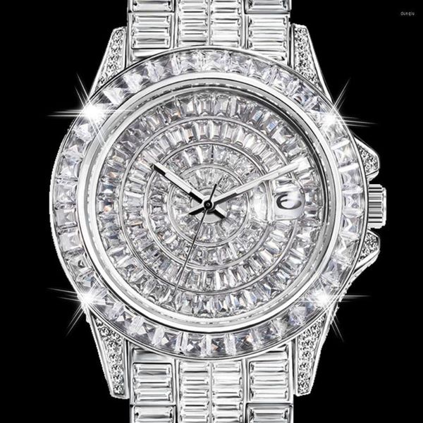 Orologi da polso Orologio completamente baguette con diamanti per uomo Orologio al quarzo ghiacciato Orologio da uomo Hip Hop Orologio da uomo impermeabile Argento Reloj Hombre Dro