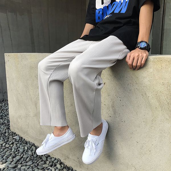 Calças masculinas plissadas retas elásticas cintura casual masculinas streetwear soltas calças japonesas 230614