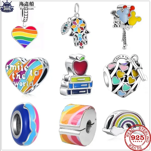 Per charms pandora autentici perline in argento 925 ciondolano arcobaleno cuore blocco ciondolo mela fai da te bene