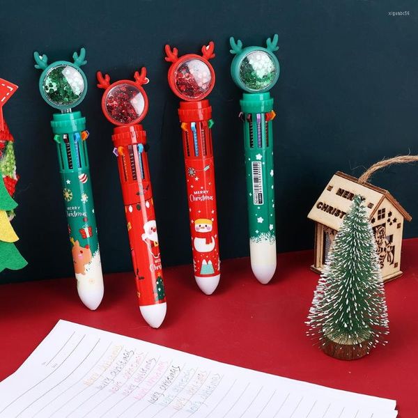 Kawaii Christmas Ten Colors In One Multicolor Caneta Esferográfica Colorida com Lantejoulas Alce Papai Noel Papelaria Escolar