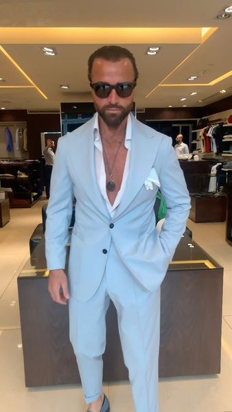 Ternos masculinos azul céu 2 peças com lapela pontiaguda conjuntos de blazer de peito único ternos casuais para homem blazer jaqueta smoking vestir casaco + calça smoking casamento